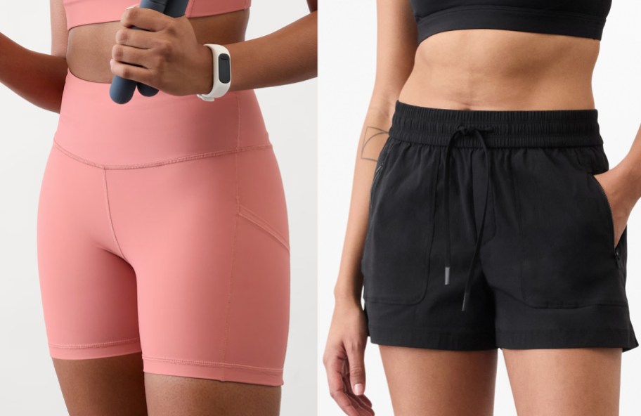 Athleta Interval Stash High Rise 5in Shorts and Trekkie North Mid-Rise Shorts being worn by models