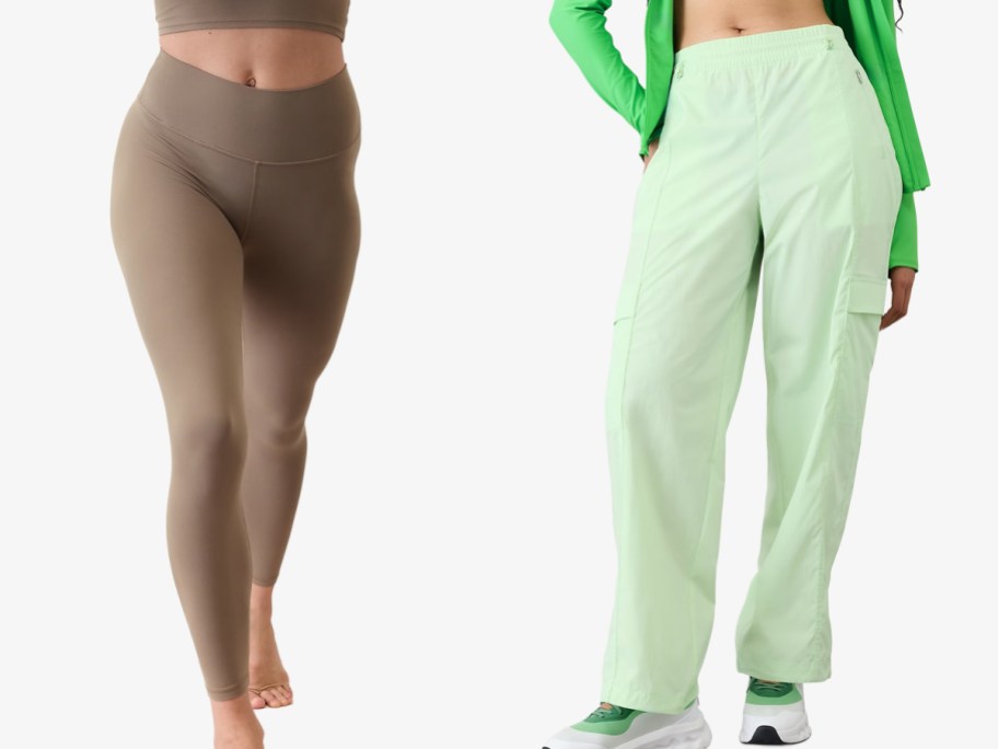 Athleta Transcend High Rise 7:8 Legging and Cascade Cargo Poplin Pant on models