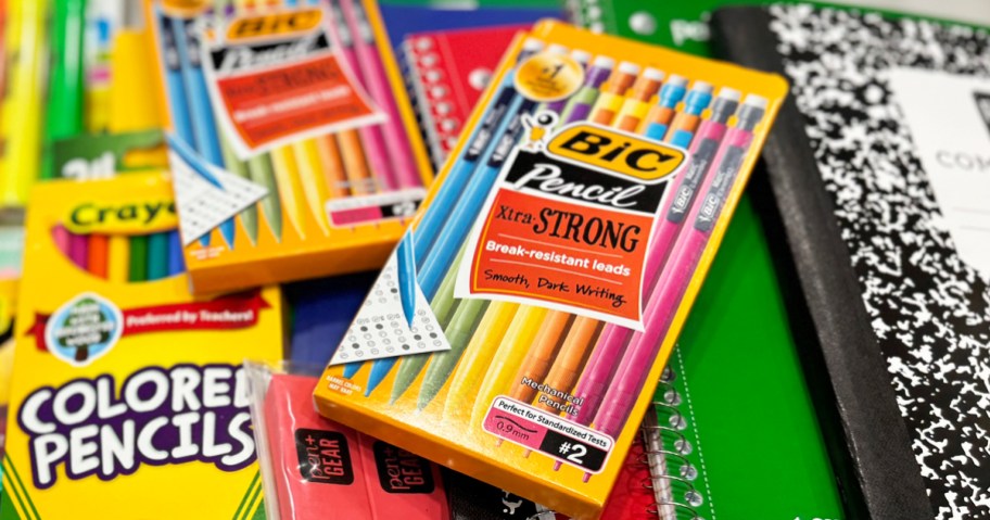box of BIC Xtra-Strong Mechanical Pencils on top of other school supplies