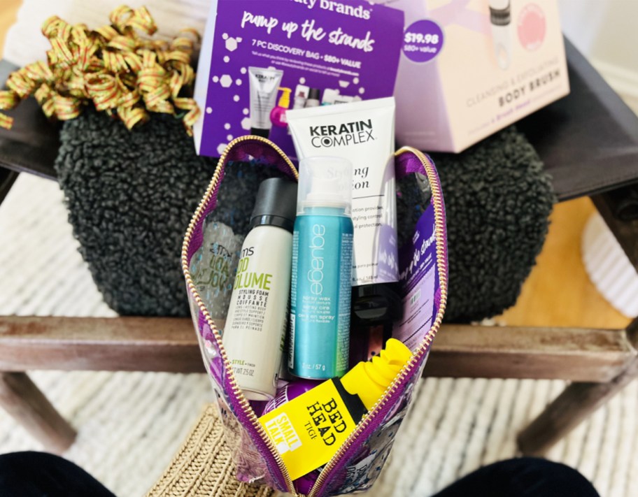beauty bag with samples inside