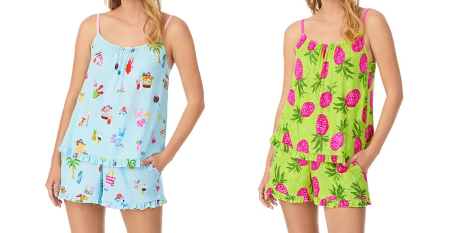 two women in beach and pineapple print pajama sets