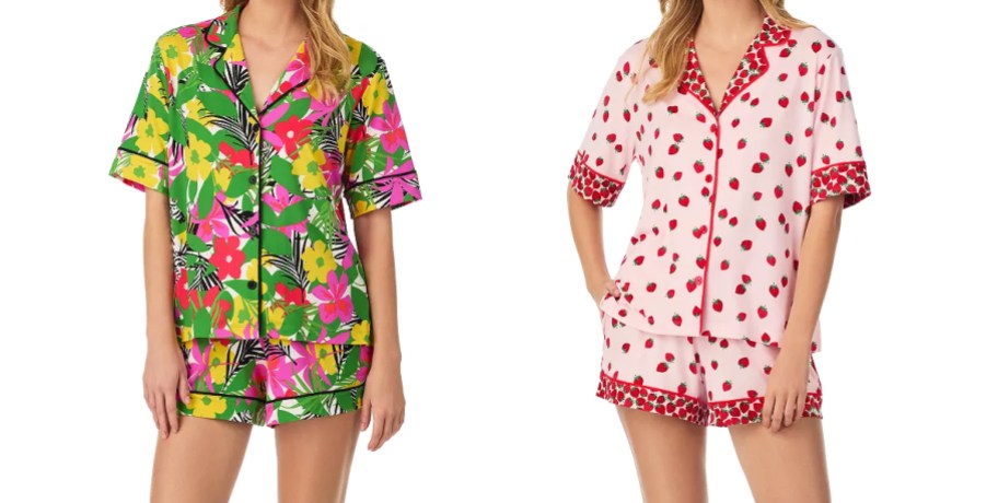 two women in tropical and strawberry print pajama sets
