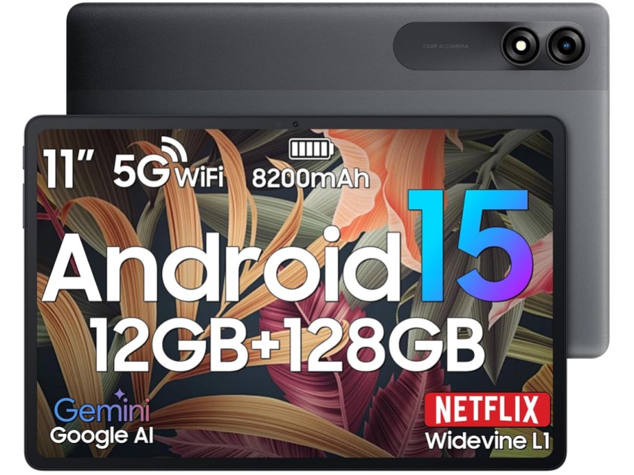 Blackview Android 11 Tablet on display showing the cameras on the back of the tablet and the screen on the front