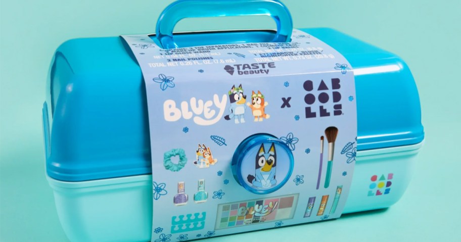 blue bluey-themed Caboodles case on a blue background
