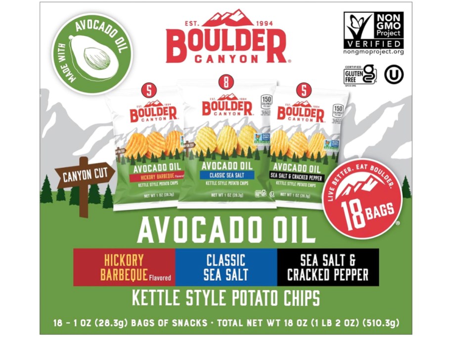 variety pack box of Boulder Canyon Kettle Chips