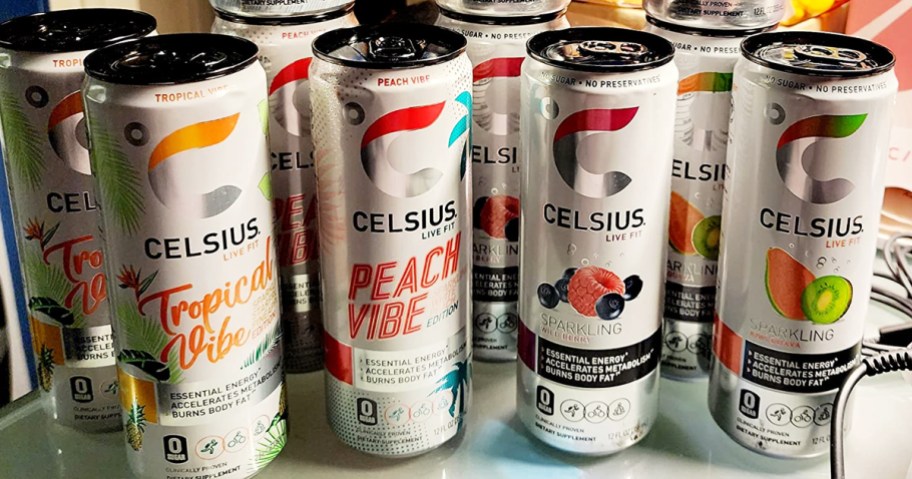 variety of CELSIUS Energy Drinks on counter