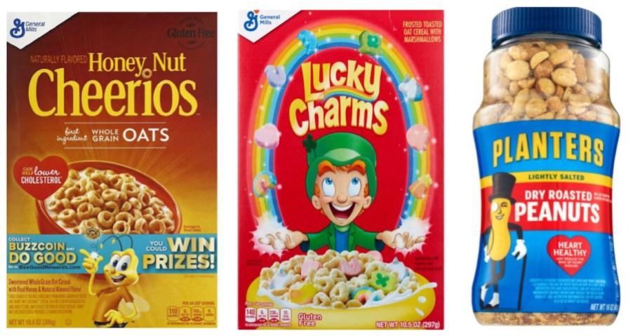 2 boxes of cereal and a bottle of peanuts