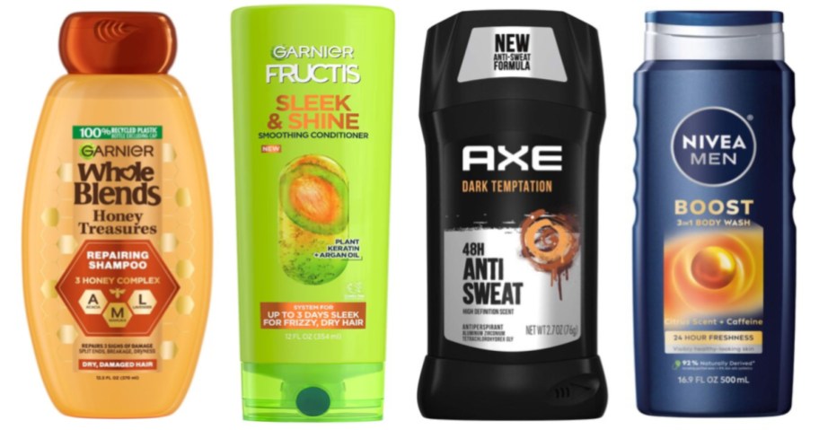 two bottles of shampoo, men's body wash and deodorant