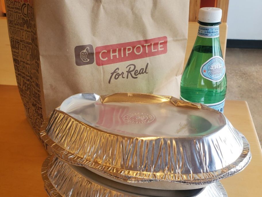 Chipotle Takeout meals and a pellegrino