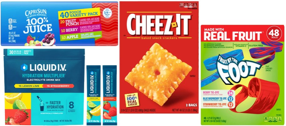 boxes of capri sun, liquid iv, cheez-its, and foot by the foot