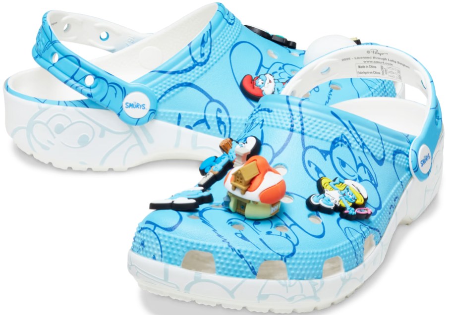 blue and white crocs with smurfs charms
