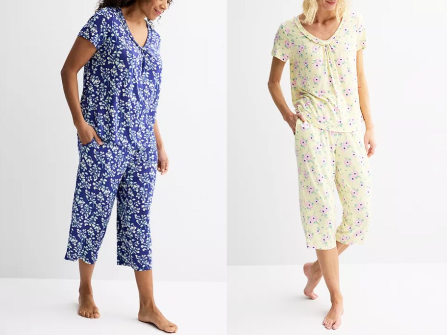 two women in blue and yellow floral print pajama sets
