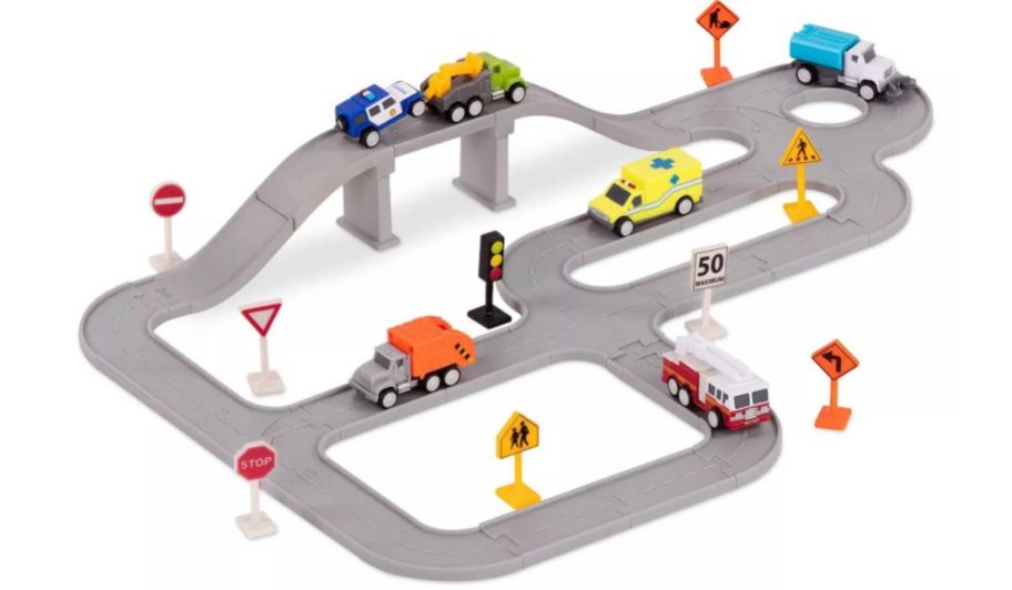 a plastic track with cars and trucks