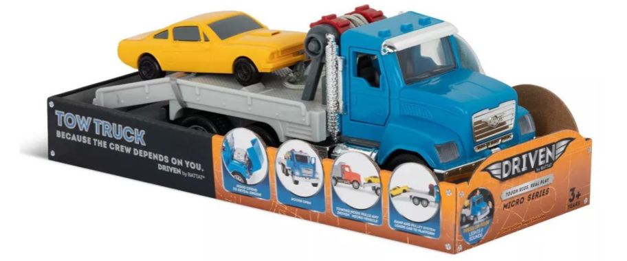 A tow truck toy and a car