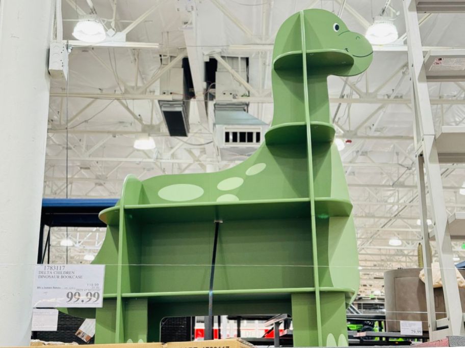 A green dinosaur bookshelf in a store