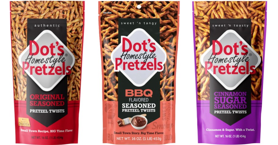 three bags of Dot's Pretzels
