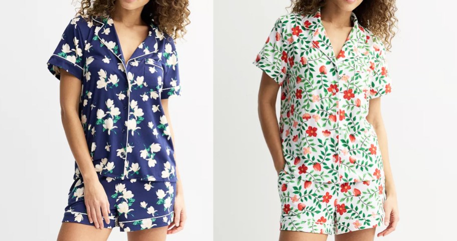 two women in blue and white floral print pajama sets