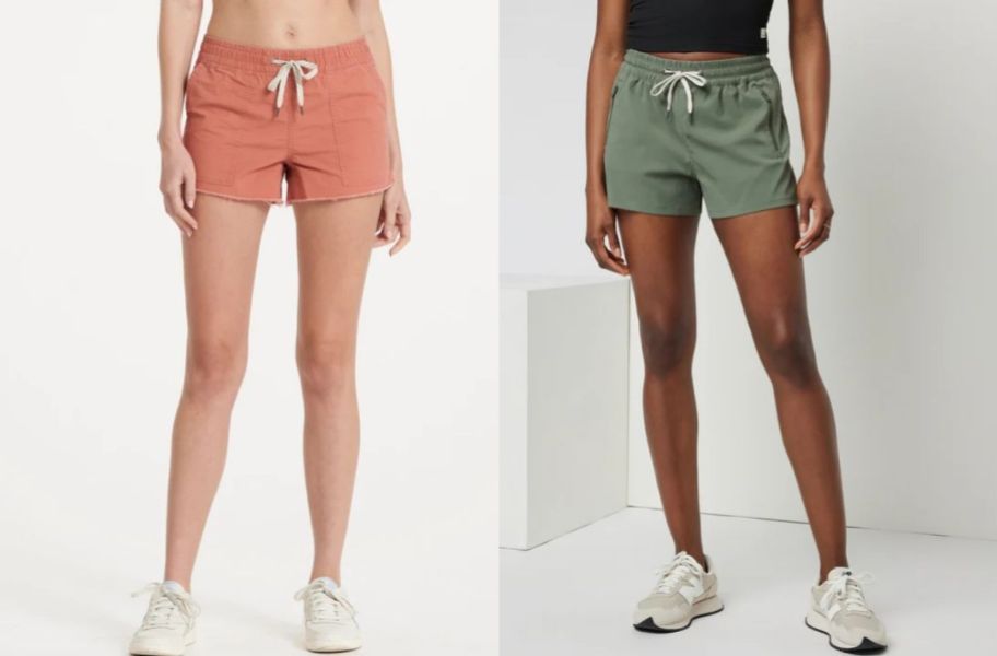 two women wearing tie waist shorts