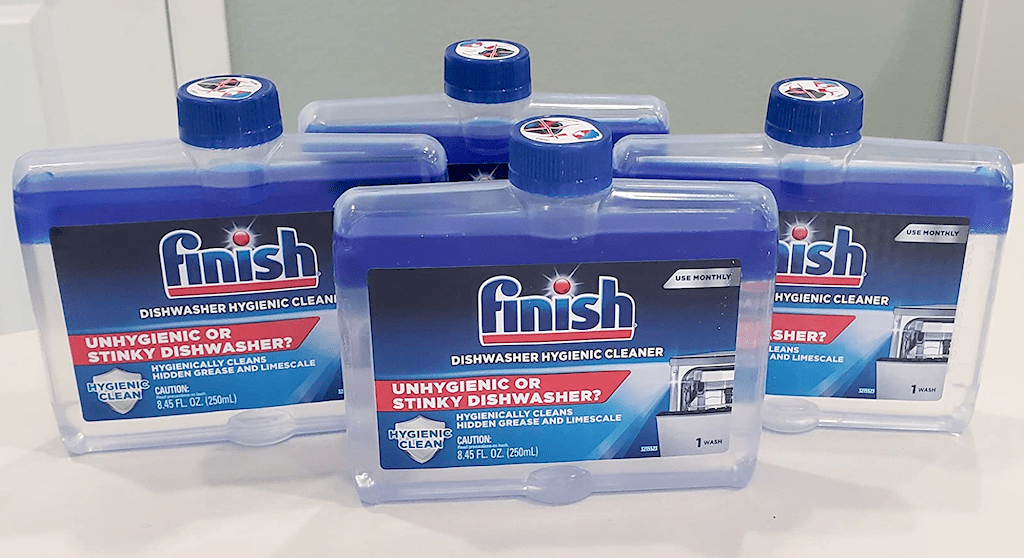 four bottles of Finish Dishwasher cleaner 