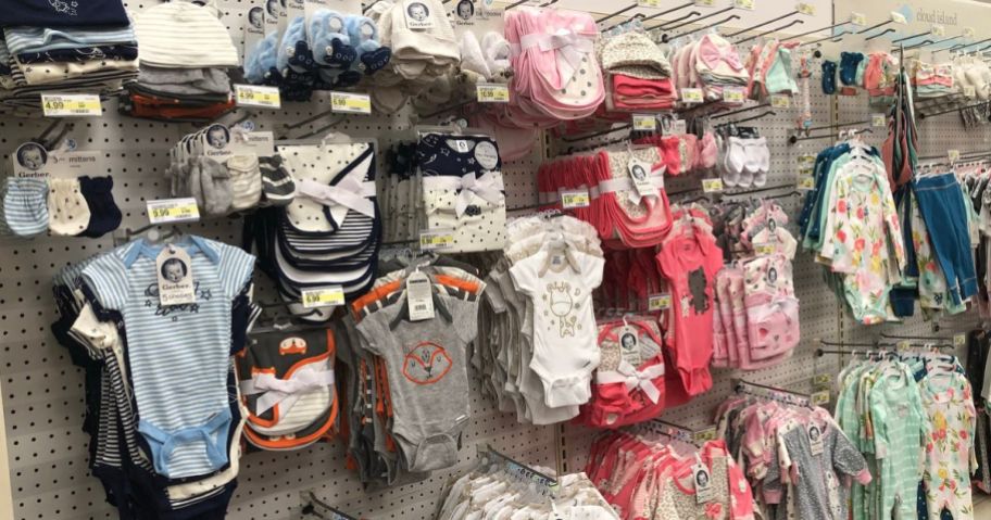 An aisle at walmart filled with gerber baby clothes
