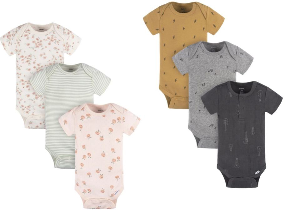 Stock images of two Gerber Short Sleeve Baby Bodysuits 3-packs