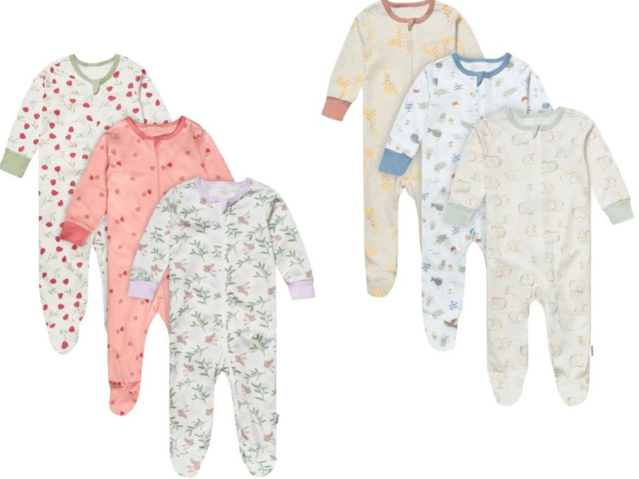 Stock images of two Gerber Sleep N´Play Footed Pajamas 3-packs