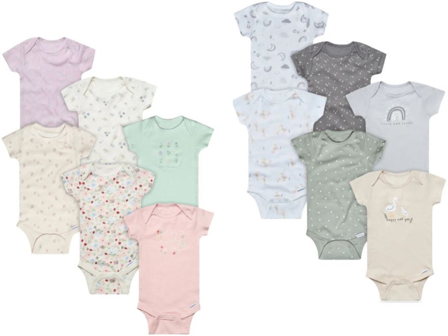 Stock images of two Gerber Short Sleeve Baby Bodysuits 6-pack