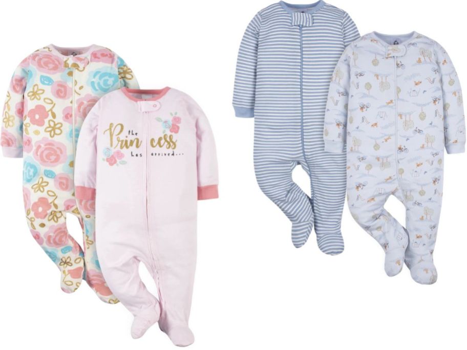 Stock images of two Gerber Sleep ´N Play Footed Pajamas 2-packs