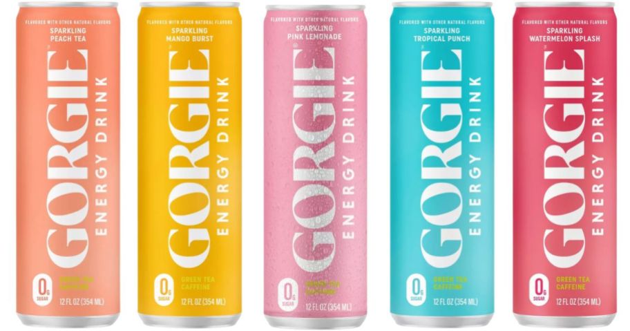 5 various flavors of Gorgie Energy Drink cans