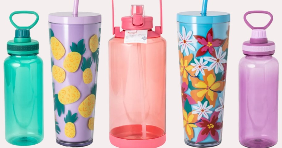 a variety of colorful water bottles and straw tumblers