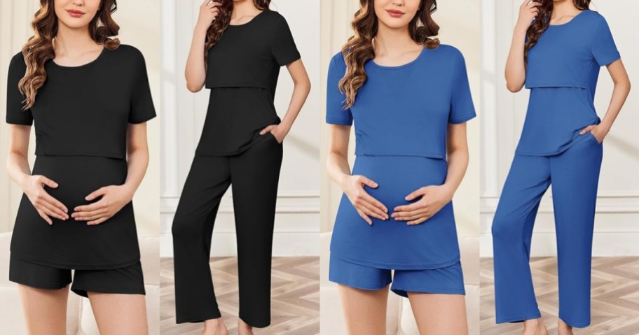 pregnant women wearing maternity pajama sets