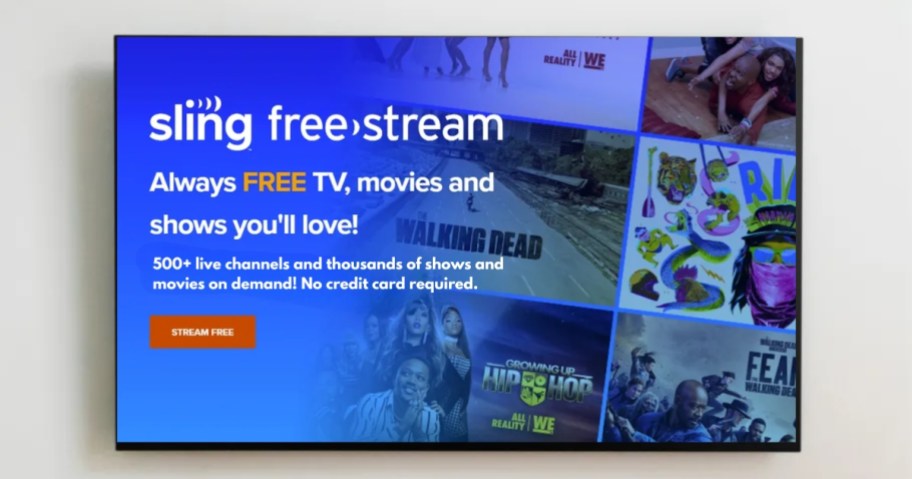 a TV on a wall with Sling free-stream preview on it