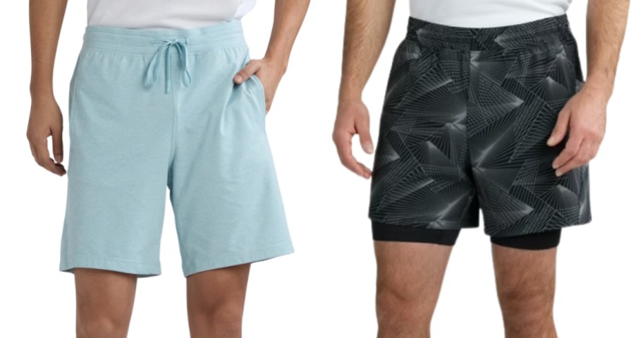 2 men wearing different styles and colors of athletic shorts