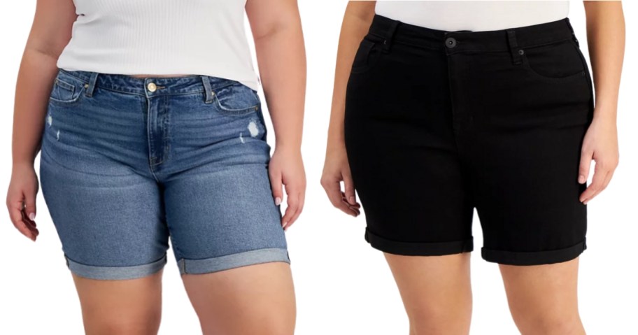 woman wearing jean shorts and woman wearing black shorts