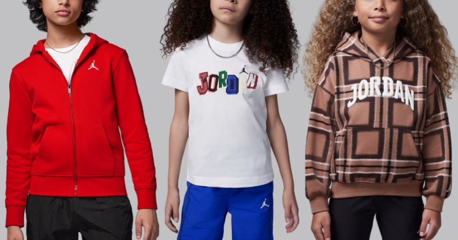 3 kids wearing Nike Jordan clothing