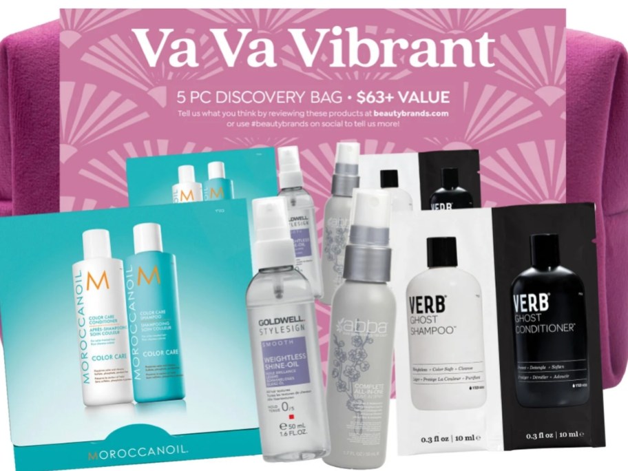 a zipper cosmetic bag with various sample size beauty products
