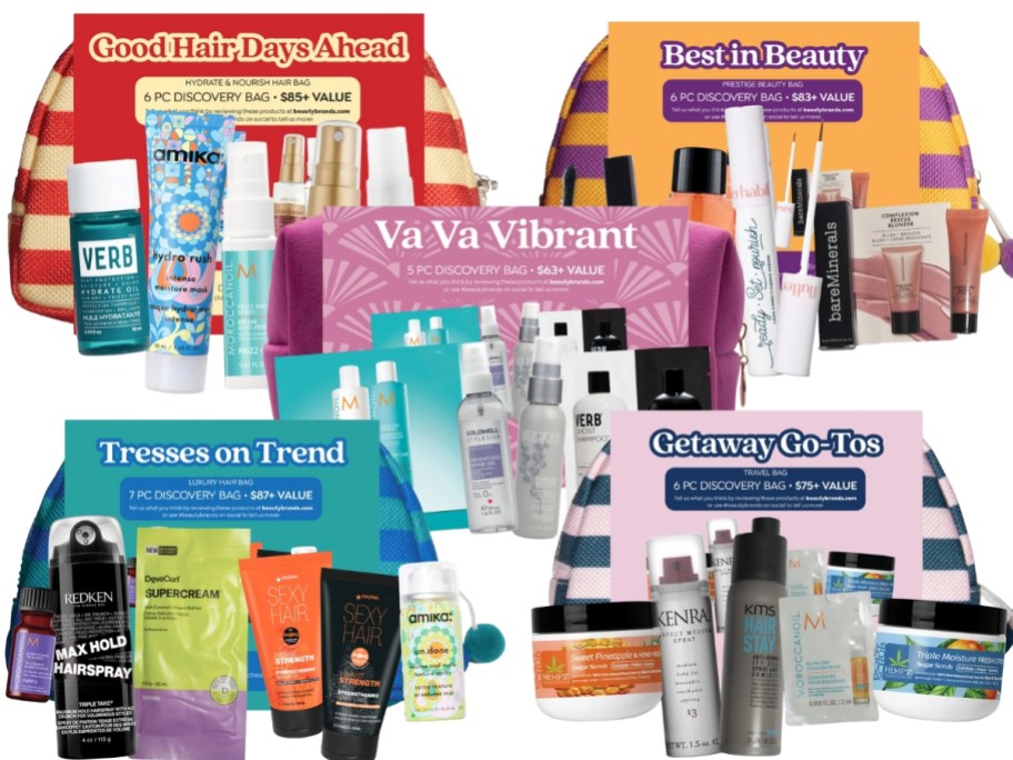 5 different Beauty Brands Discovery bags with zipper cosmetic bags and various travel and sample size beauty and hair care items