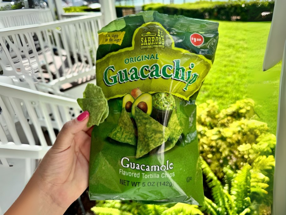 hand holding a bag of El Saboroso Guacachips