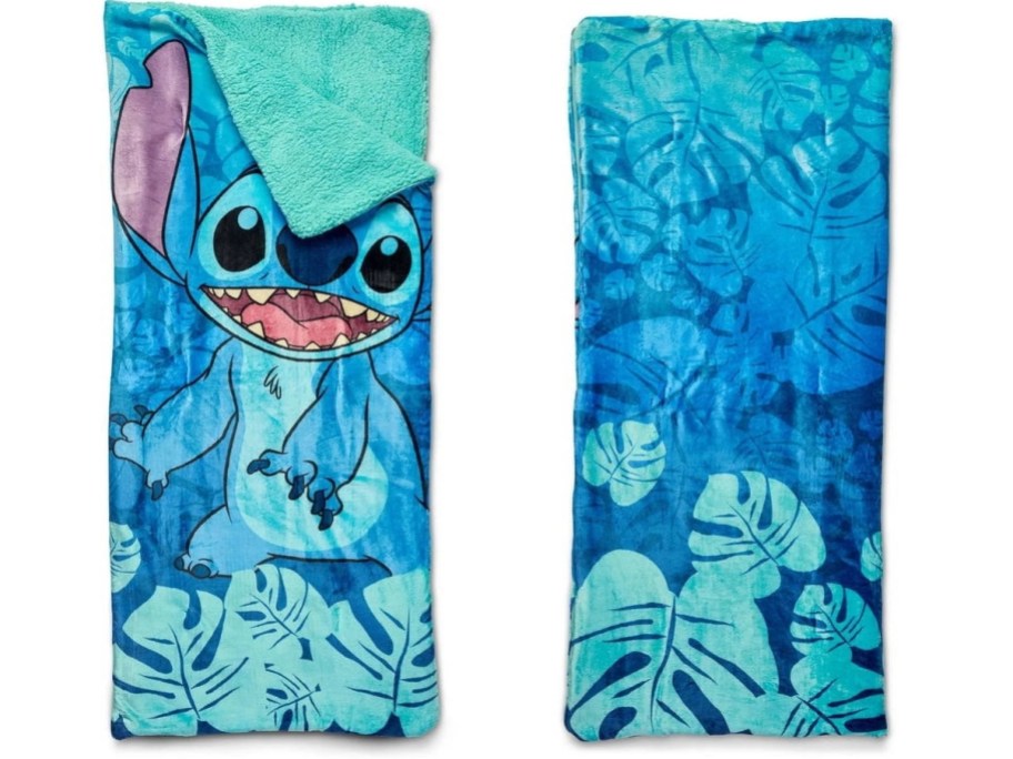the front and back of a Disney Stitch kids sleeping bag