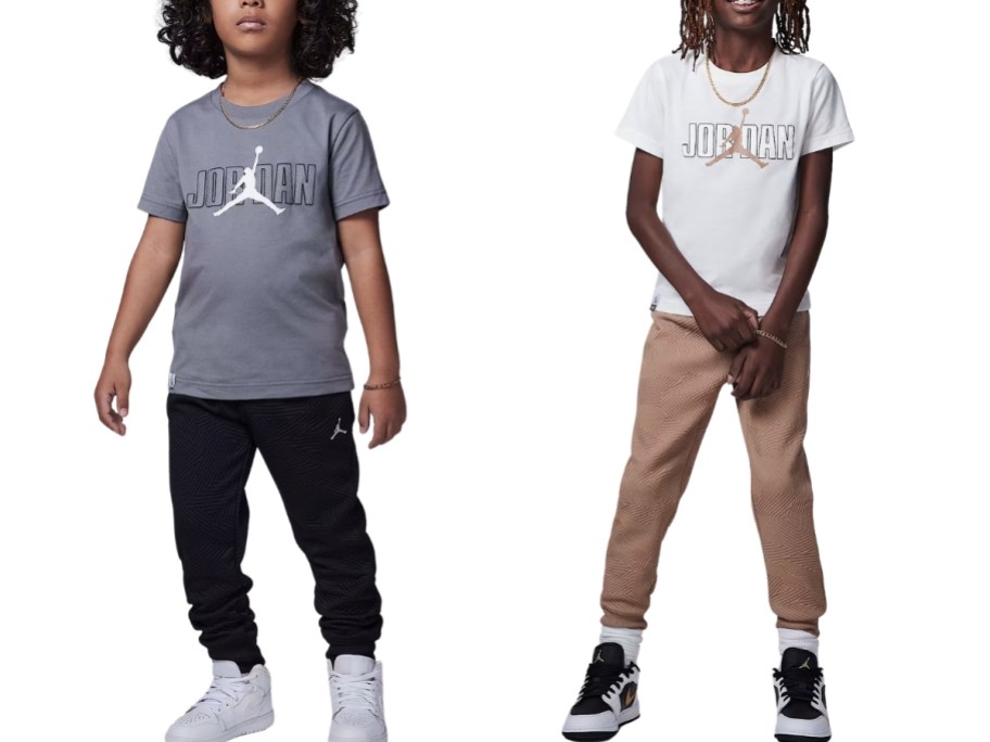 2 kids wearing Nike Jordan tops and pants