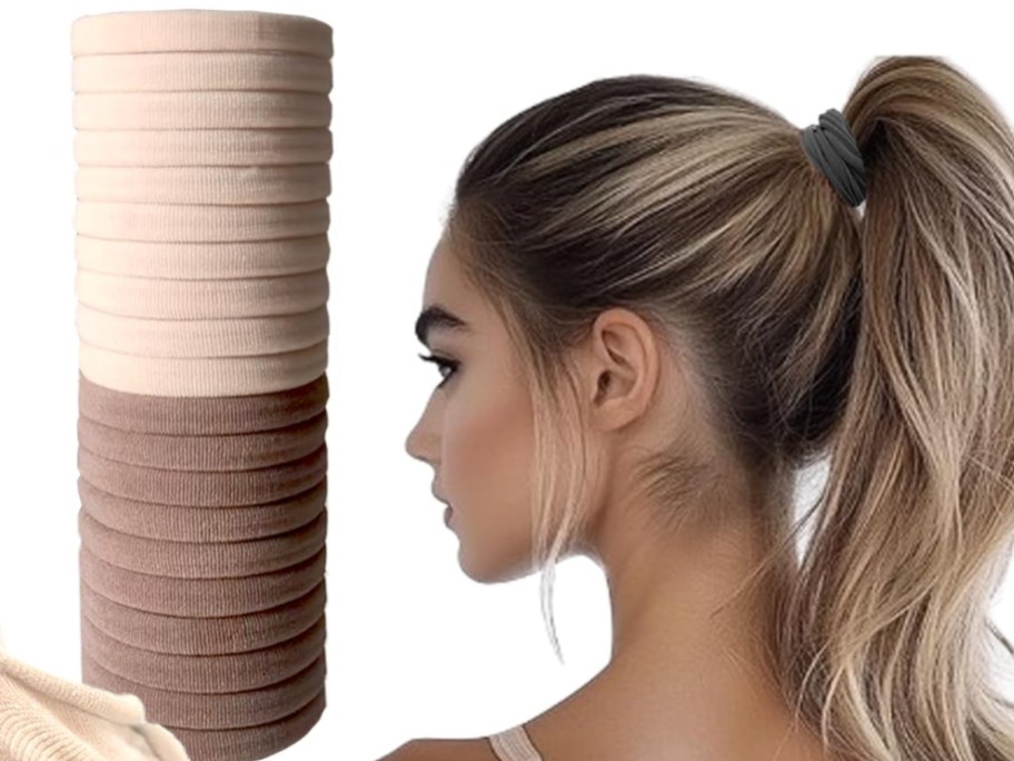 a stack of hair ties next to a woman using one on a thick ponytail