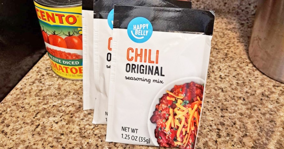 packets of Happy Belly Chili Seasoning Mix on counter