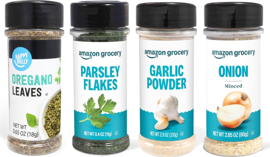 jars of oregano, parsley, garlic powder, and minced onion