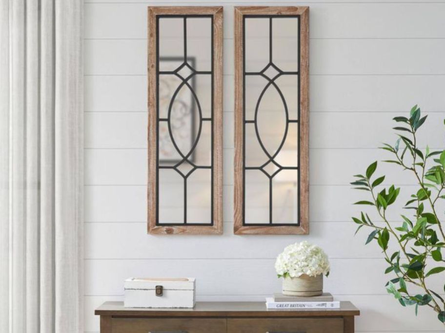 Tw3o Home Decorators Collection Farmhouse Windowpane Mirrors hanging side by side on a wall