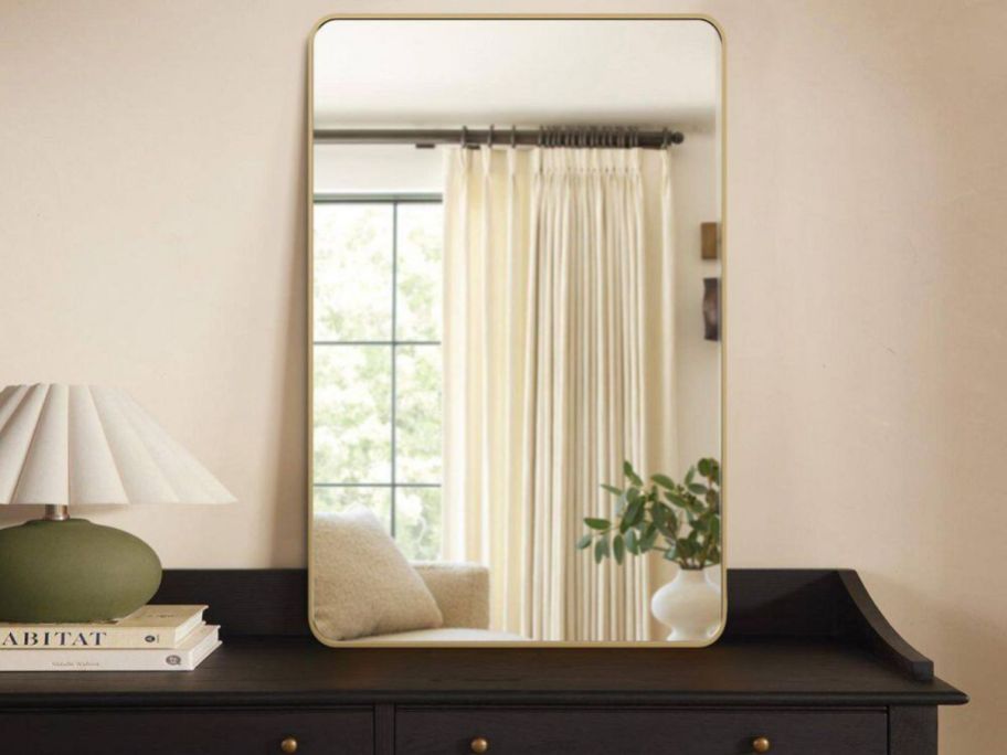 LuxHomez Rectangular Aluminum Frame Square Wall Mirror  on a dresser