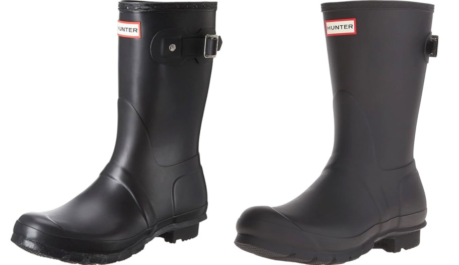 two pairs of short black rain boots