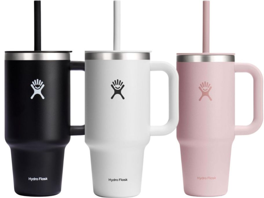 Hydro Flask All Around Travel Tumblers in black, white, and pink
