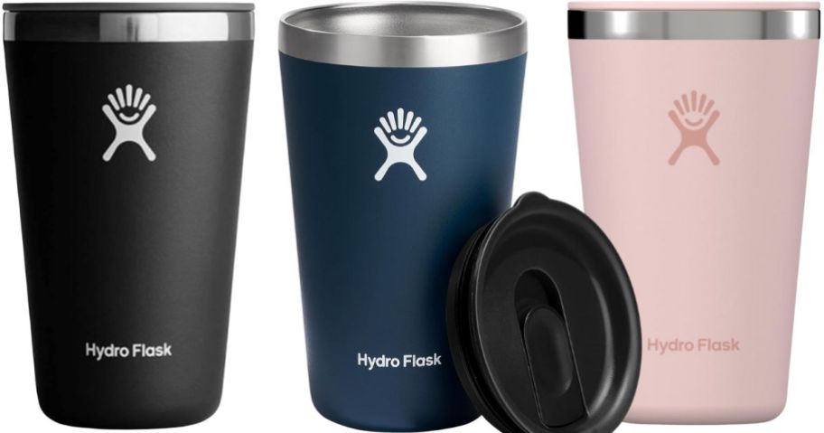 Hydro Flask All Around Tumblers in black, blue, and pink