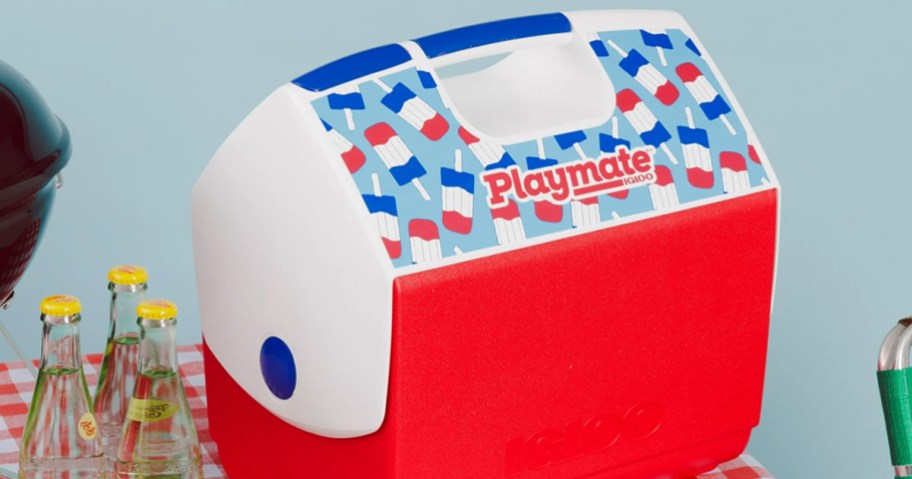 Igloo 16 QT Playmate Elite with Popsicle Design on a table with bottles