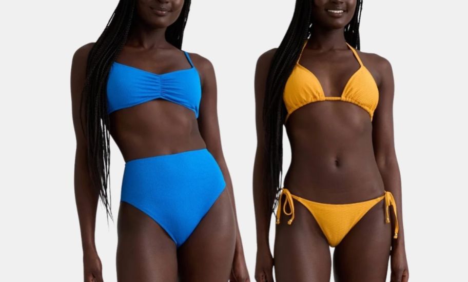 a model in a blue 2-piece swimsuit and a model in a yellow 2-piece swimsuit